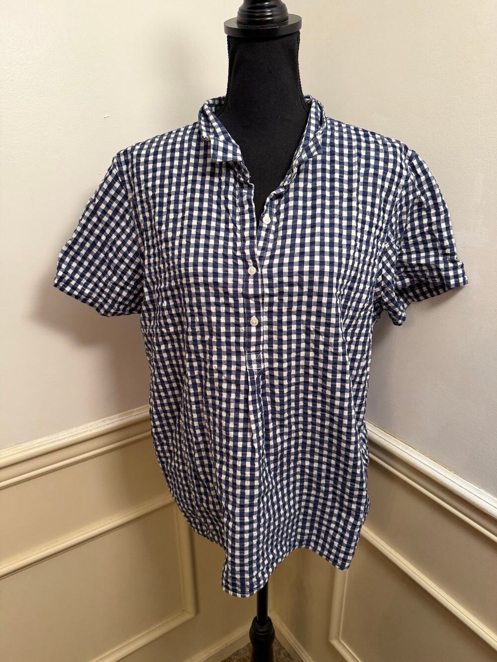 L.L Bean Blue White Gingham Crinkle Cotton Popover Shirt Short Sleeve Seersucker